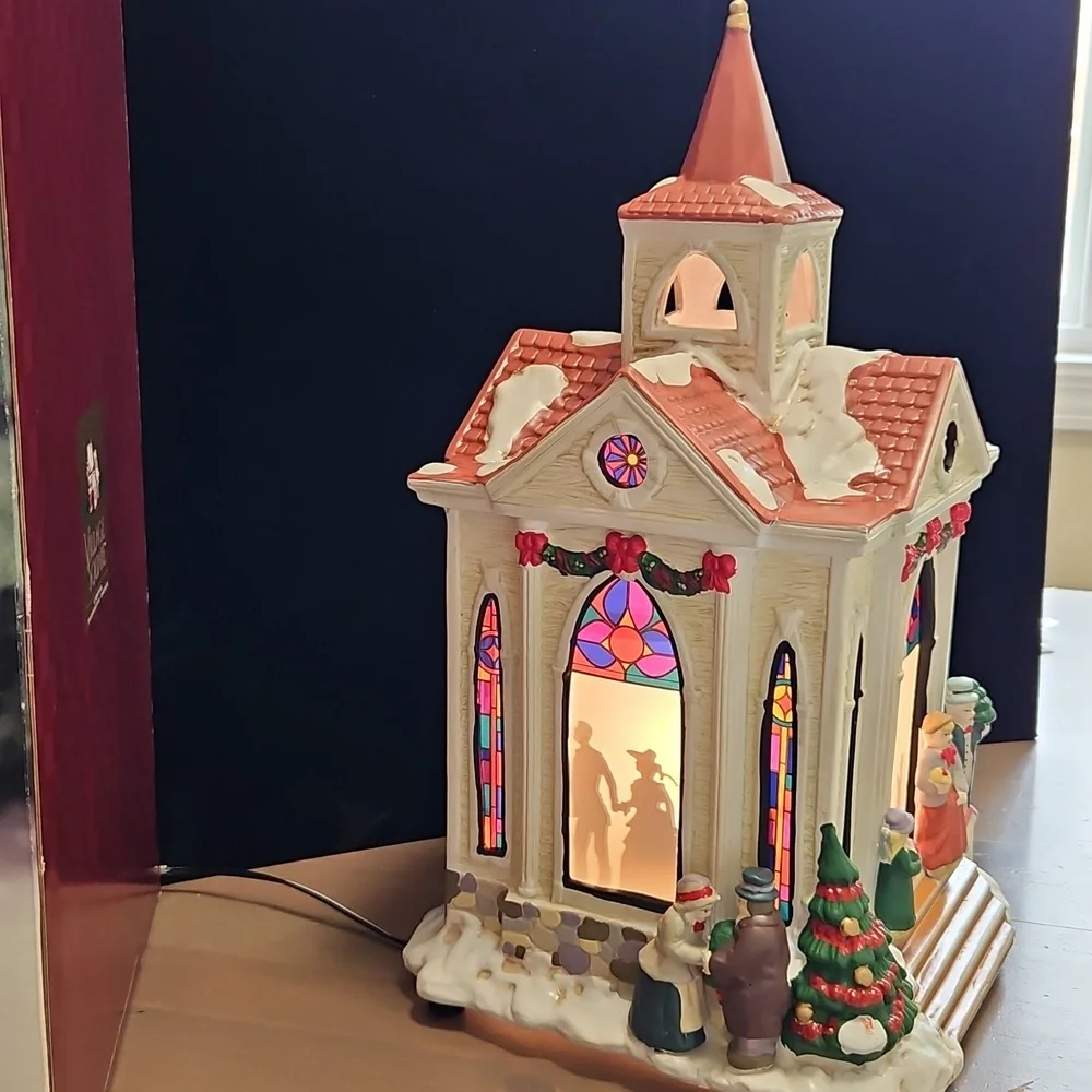 Vintage Village Square Lighted Silhouette Church Ceramic Hand Painted 16"×8" - Picture 3 of 9